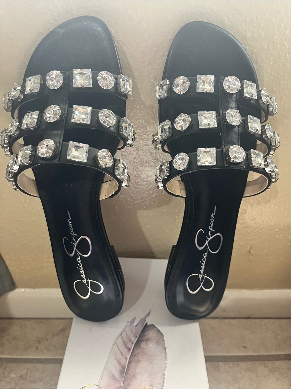 Jessica Simpson Black Jeweled Multi-Strap Slide Sandals
